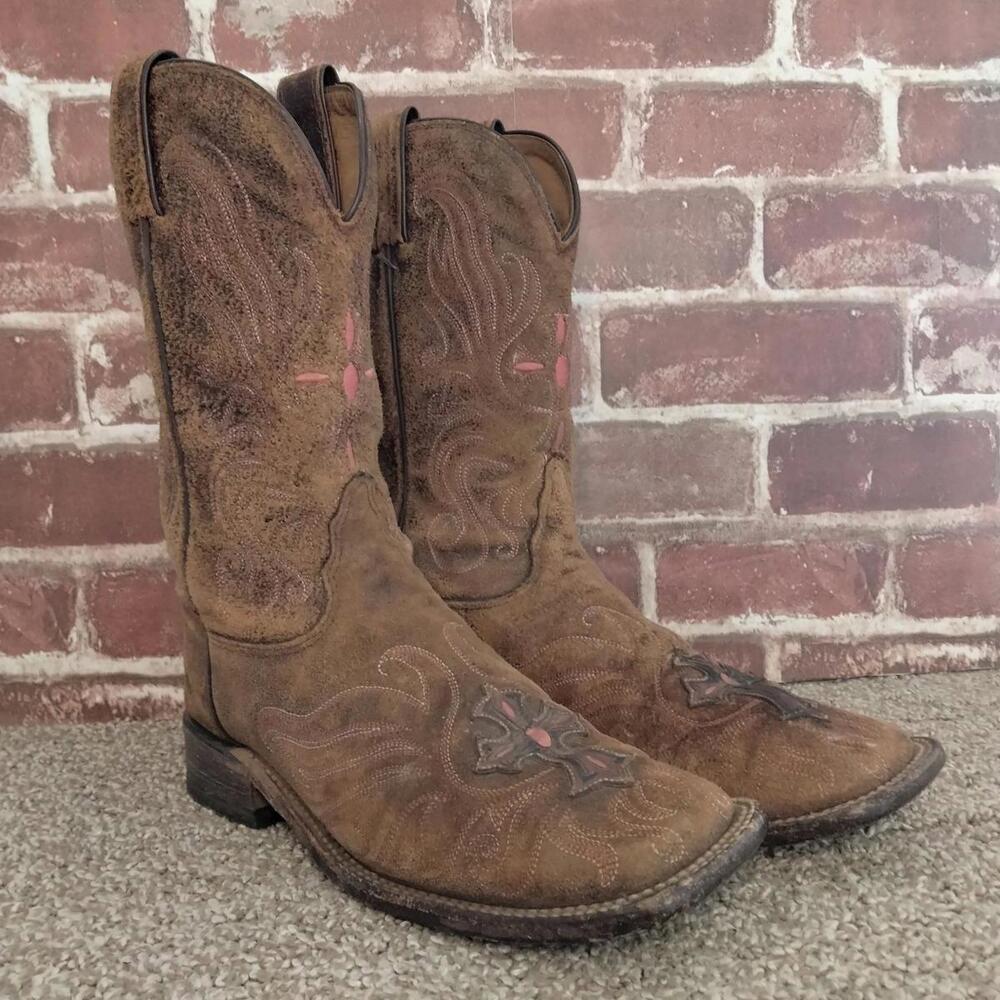 Tony Lama Distressed Cowboy Boots Womens Size 8.5 B Brown Leather Western